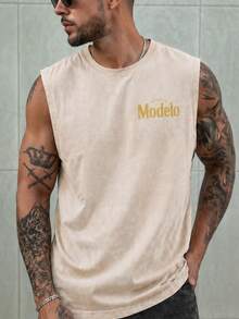Men's Printed Vintage Washed Vest, Loose Fit, Casual Street Style, An Essential Everyday Item. - 杏色 - 查看 2