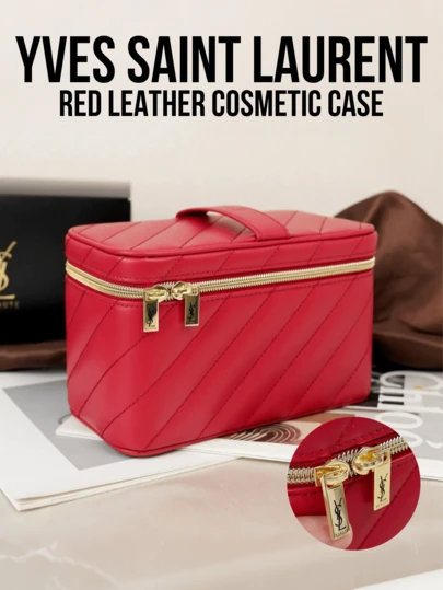 YSL Saint Laurent Red Quilted Leather Cosmetic Bag, Gold Dual Zipper Top Handle, Soft Quilted Texture, Large Capacity For Storing Cosmetics & Beauty Essentials, Dust-Proof Durable Structure, Easy To Clean And Reusable Design, Lightweight Portable Style, Suitable For Travel, Commute, Home Use, Luxurious Fashion Appearance, Ideal Gift For Makeup Enthusiasts And Fashion Lovers