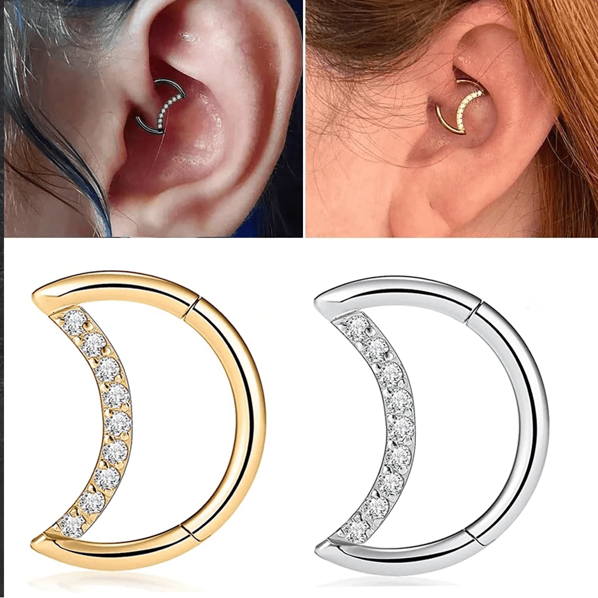 1pc G23 Titanium Moon CZ 16G Septum Nose Rings Hoop Piercing Cartilage Segment Clickers Helix Cartilage Tragus Earring Women Body Jewelry - Moon-shaped Perforated Jewelry - View 1