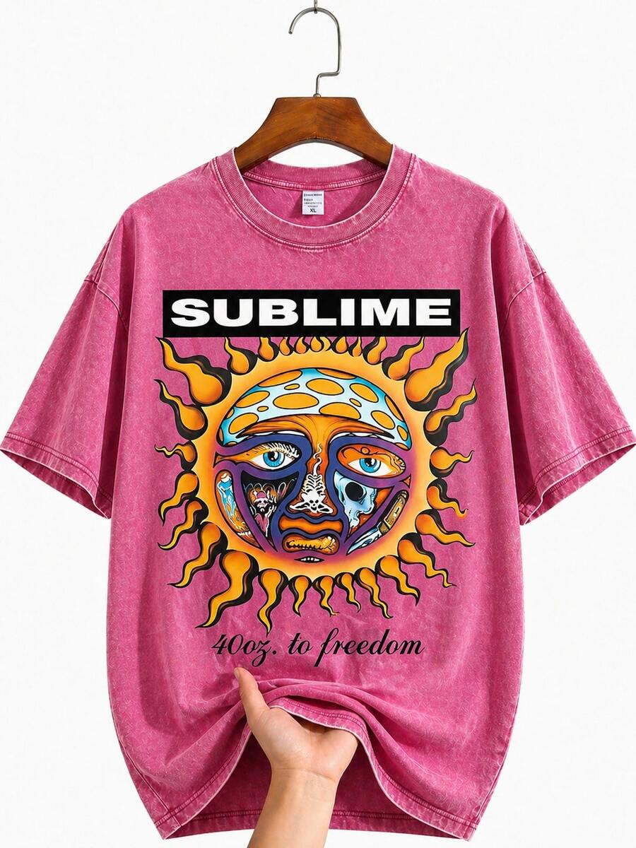 Washed Cotton Sublime Sun Graphic Print Short Sleeve T-Shirt, Casual Oversized Crew Neck Tee For Men, Suitable For Daily Wear, Summer Outings And Music Festivals - Màu đỏ hồng bẩn - Xem 1