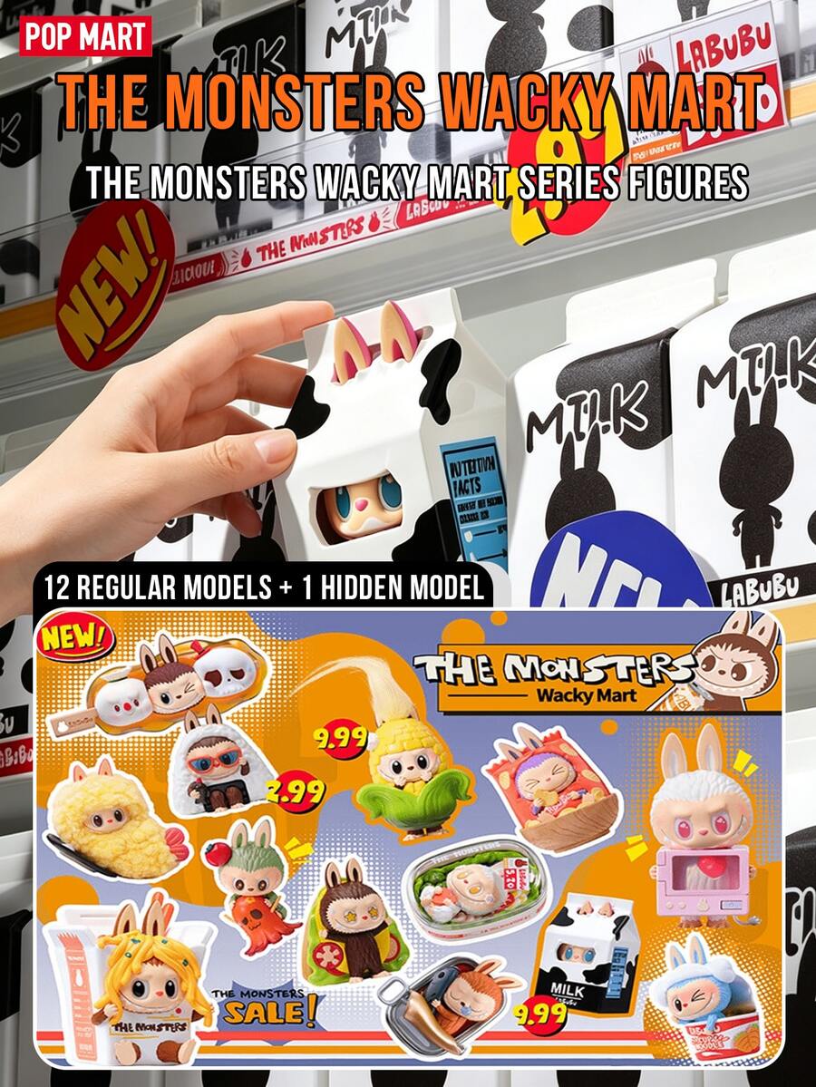 Bộ sưu tập búp bê mini Labubu POP MART THE MONSTERS Crazy Supermarket Series - 12 mô hình thường + 1 mô hình ẩn (bao bì hình lập phương 7.5cm³), đồ chơi sưu tầm chủ đề siêu thị dễ thương, bao gồm sữa, mì cốc, cơm nắm, bánh mì sandwich, v.v. Các mô hình nhân vật thực phẩm đáng yêu, có thể trưng bày trên kệ/bàn làm việc, lý tưởng cho sinh nhật, ngày lễ, kỷ niệm, Giáng sinh, Ngày Valentine, quà tặng bất ngờ cho bạn bè, quà tặng tiệc tùng và người hâm mộ anime.
