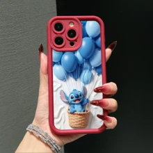Funda de teléfono con efecto 3D de Disney Lilo y Stitch, con Stitch en una cesta de mimbre con globos azules sobre fondo blanco, compatible con modelos iPhone 17, 16, 15, 14, 13, 12, 11 Pro Series y Galaxy S22, S23, S24, S25, una opción encantadora para fans de Disney, ideal para cumpleaños, fiestas u ocasiones especiales para sorprender a familiares y amigos - Burdeos - Ver 2