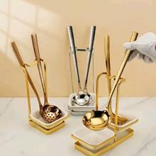 1 juego: Soportes para cucharas y palillos de acero inoxidable y cerámica dorada, adecuados para almacenamiento en la cocina, banquetes, bufés y decoración de mesas. - Übersicht 3