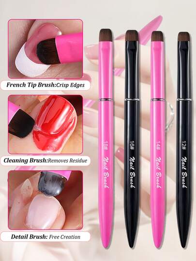 1/4pcs Multi-Functional Nail Art Brush With Short & Wide Bristles, Professional Precision Nail Brush For Gel Polish, Acrylic & Polygel Nails, Nail Clean Up Brush, Nail Polish Application & Removal Tool, Nail Art Supplies For Salon & Home DIY