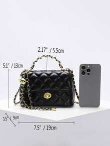 1pc Pink PU Quilted Diamond Pattern Embroidered Chain Bag, Fashionable Flap Twist Lock Small Square Bag, Versatile Shoulder Crossbody Bag Suitable For Daily Commute, Hanging Out With Friends, Shopping, Afternoon Tea - Black - View 3