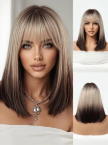 14-Inch Gradient Gray-Brown Short Bob Wig With Bangs, Natural Straight Synthetic Heat-Resistant Fiber, Suitable For Women Daily And Party Wear - Two-Tone - View 13