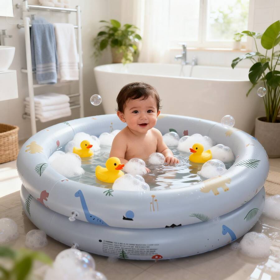 Retro Striped Inflatable Swimming Pool With Animal Patterns, Dinosaur, Rabbit, Teddy Bear, Baby Dinosaur Pool, PVC Thickened Home Baby Bath, Indoor All Season Bath Pool - Multicolor - View 1
