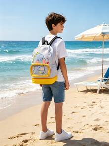 1 Set Beach Swimming Backpack, Cartoon Pool Bag With Transparent Pocket, Wet & Dry Separation, Cute Unicorn & Crocodile Pattern Beach Bag, Suitable For Boys And Girls - Multicolor - View 3