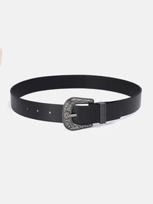 1pc Solid Color Retro PU (Polyurethane) Women's Decorative Belt With Carved Buckle, Suitable For Daily Wear - A - View 3