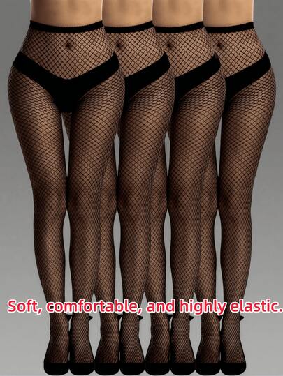 4 Pairs Women's Hollow Out Fishnet Gothic Style Tights, Suitable For Daily Wear