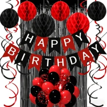 Decoraciones de cumpleaños en negro y rojo para mujeres y niñas, globos en tonos negro y rojo con pancarta de Feliz Cumpleaños, bolas de panal, espirales colgantes en forma de estrella, cortina de papel de aluminio, confeti de papel de aluminio y globo - Funda para cortina de lluvia roja y negra - Ver 1