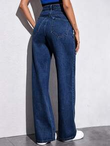 Women's Stretch Waist Wide-Leg Jeans, High-Waisted Tummy-Revealing Straight-Leg Jeans, And Acid-Washed Jeans With Pockets - These Elegant Women's Outfits Are Not Only Comfortable To Wear, But Also Have A Loose Style, Making Them Perfect For Travel, Work Or Daily Office Occasions. - 深藍色 - 查看 4