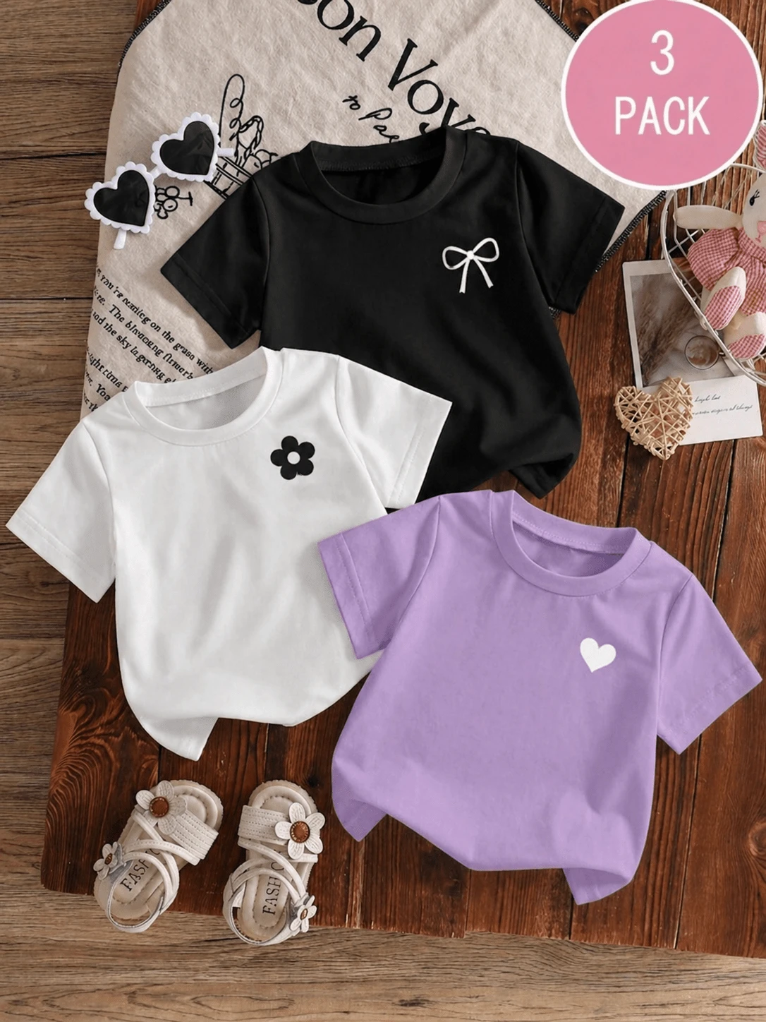 Set de 3 camisetas de niña con estampado de dibujo animado de capibara, de cuello redondo y manga corta para el verano - Verde - Ver 1