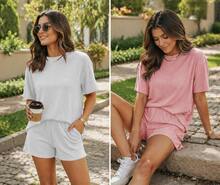 Women's Striped Ribbed Two Piece Set Short Sleeve Top And Shorts Casual Summer Outfit - Black - View 9