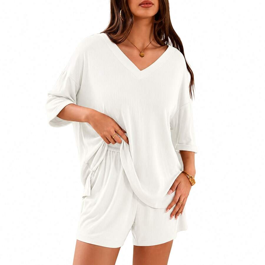 Women's Solid Color Two Piece Set Short Sleeve T-Shirt And Shorts Casual Summer Outfit - White - View 1