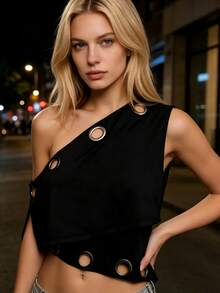 Women's Summer One Shoulder Vest Sleeveless Solid Color Metal Circle Cutout Tank Tops - Black - View 3