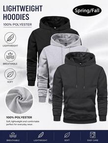 3pcs/Set Men's Spring/Autumn Thin Long Sleeve Pocket Hooded Sweatshirt, Solid Color Basic Fashion Casual Sports Outdoor Top, Suitable As Gift For Husband, Boyfriend, Streetwear, Commuting, Outdoor Activities, Holiday - Multicolor - View 2