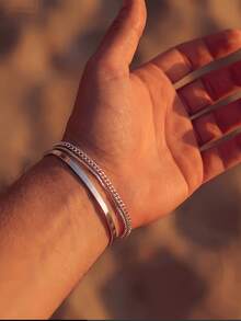 3pcs/Set Men's Stainless Steel Silver Bracelet Set, Minimalist Cuban Link, Snake Chain, Smooth Bangle Combination, High-End Versatile Non-Fading Niche Design Men's Accessory, Daily Commute Street Fashion Gift For Boyfriend - 3 Bracelets - View 2