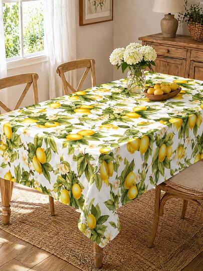 Lemon Print Tablecloth, Polyester Lemon & Green Leaf Pattern Placemat, Indoor Outdoor Kitchen Dining Patio Garden Party Decor, Machine Washable