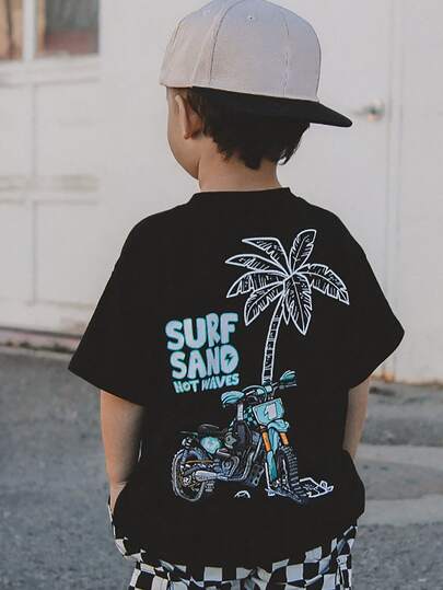 1pc Toddler Boys' SURF SAND NOT WAVES Motorcycle & Palm Tree Print Short Sleeve T-Shirt, Children Casual Round Neck Top, Breathable Comfortable Vacation Beach Outfit, Retro Motorcycle Style Casual Sports Wear