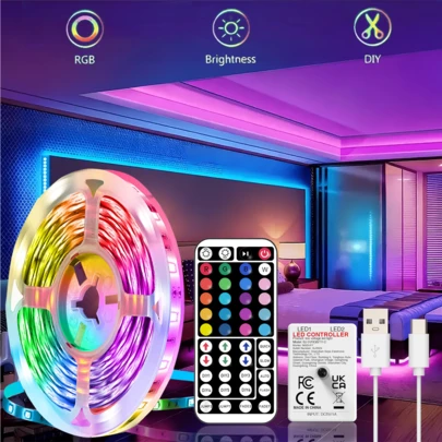 Dây đèn LED 3-100ft với điều khiển từ xa 44 phím, giao diện USB, khả năng tự trang trí, đổi màu và điều chỉnh độ sáng, thích hợp cho trang trí phòng ngủ, TV, nhà bếp, tiệc tùng và ngày lễ.
