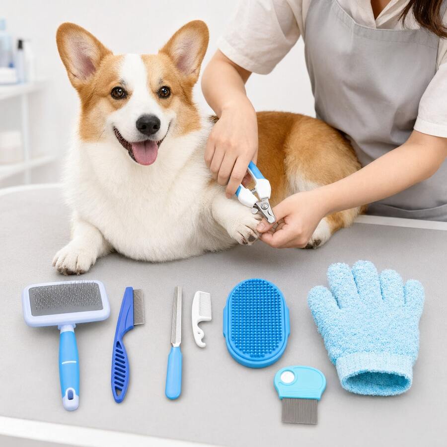 Bộ dụng cụ chăm sóc thú cưng, Bộ dụng cụ chăm sóc thỏ bao gồm kìm cắt móng và dũa móng, lược chải bọ chét, bàn chải tắm cho thú cưng, bàn chải loại bỏ lông rụng, găng tay massage khi tắm, bàn chải vệ sinh nhỏ. - Màu xanh lam - Xem 1
