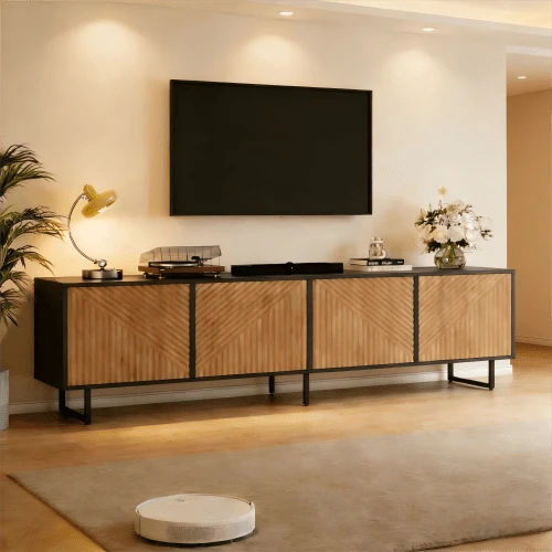 180 X 40 X 50 Cm TV Cabinet For The Living Room With 4 Cabinet Doors, Lowboard With 4 Cabinet Doors, Vacuum-Formed Cabinet Design, Suitable For 80-Inch TVs, Natural Wood Color + Black