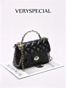 1pc Pink PU Quilted Diamond Pattern Embroidered Chain Bag, Fashionable Flap Twist Lock Small Square Bag, Versatile Shoulder Crossbody Bag Suitable For Daily Commute, Hanging Out With Friends, Shopping, Afternoon Tea - Black - View 10
