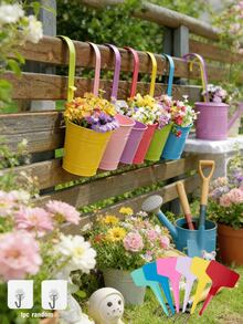 [Flower Pot: Rainbow Color]Garden Decoration, Outdoor And Garden Supplies, Colorful Metal Hanging Flower Pot With Built-In Hook, Suitable For Gardening Enthusiasts Decorative Flower Pot, Vintage Balcony Plant Bucket Suitable For Balcony, Fence, Yard, Home Gardening Decoration, Garden Decoration, Best Gift For Family And Friends - New Model - View 11