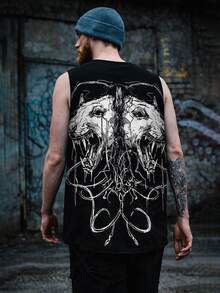 Men's Gothic Skull Horn Sleeveless T-Shirt, Oversized Punk Street Style Muscle Tank Top For Summer - Black - View 1
