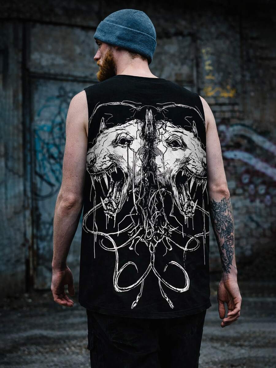 Men's Gothic Skull Horn Sleeveless T-Shirt, Oversized Punk Street Style Muscle Tank Top For Summer - Black - View 1