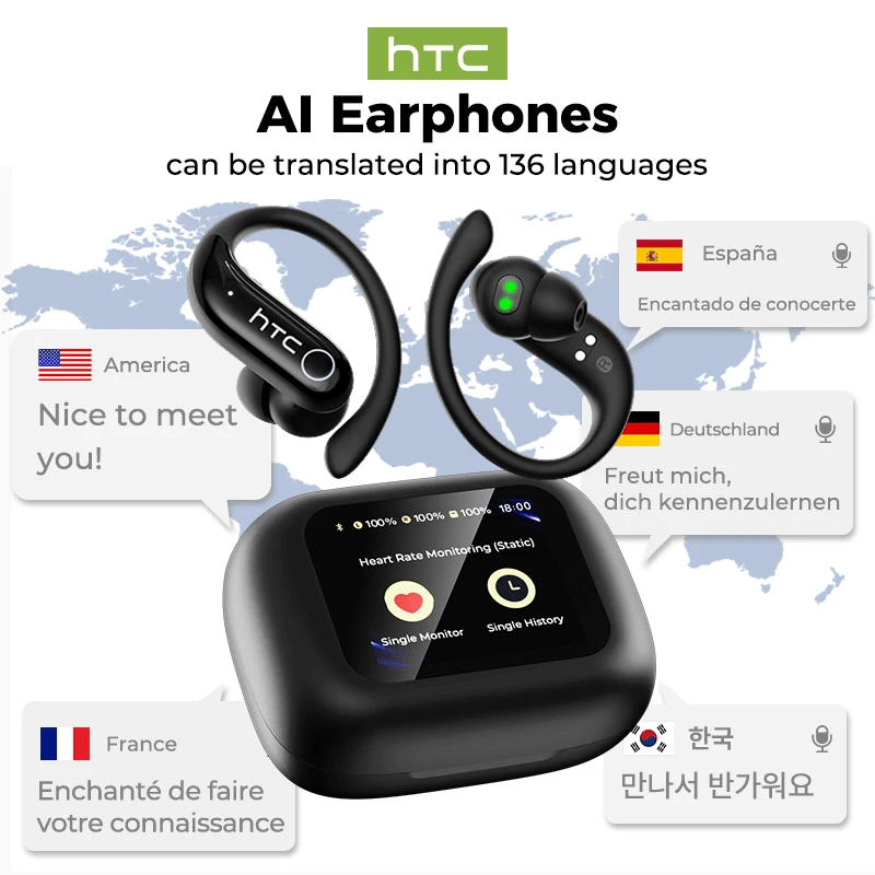 Auriculares inalámbricos Bluetooth HTC NE61, monitoreo de frecuencia cardíaca, resistente al agua IPX5, hasta 45 horas de duración de la batería, incluye estuche de carga, auriculares con cancelación de ruido y pantalla táctil LCD a color, compatible con iOS y Android - Negro - Ver 1