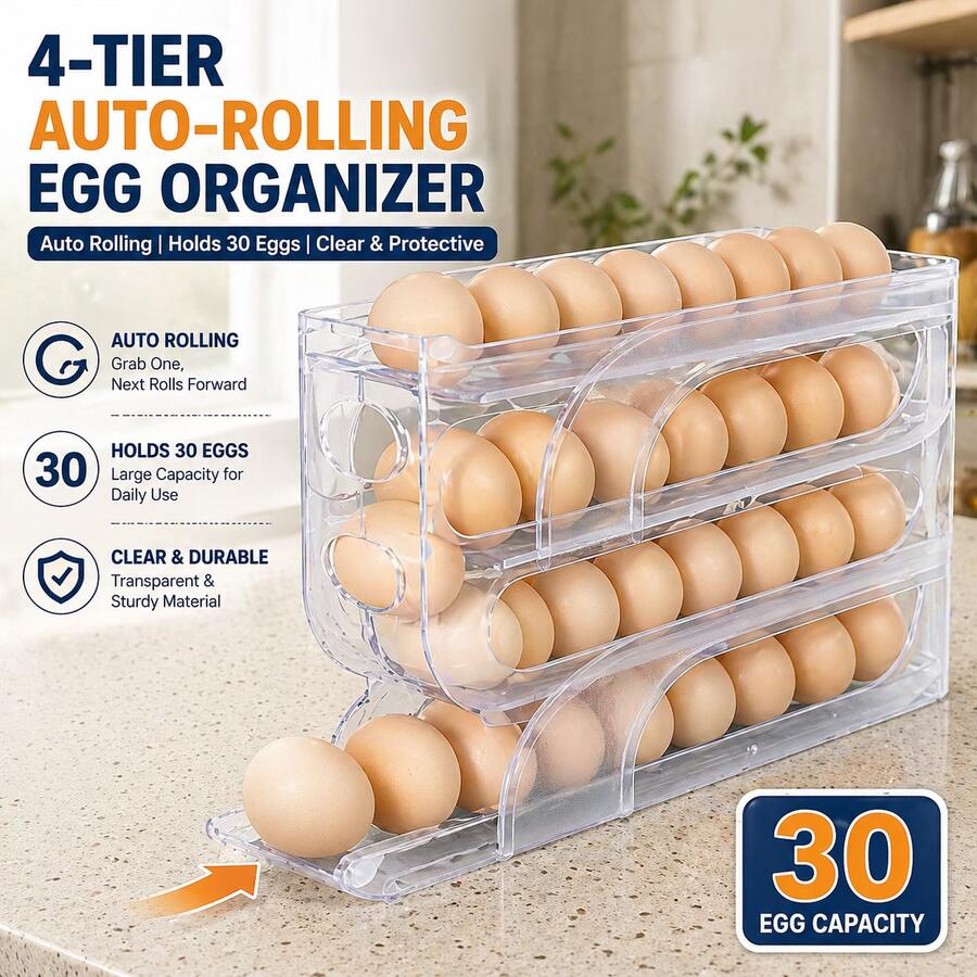4-Tier Auto-Rolling Egg Holder For Refrigerator, 30 Egg Capacity Fridge Organizer, Slim 7cm (2.8in) Width Space-Saving Egg Storage Tray, Frosted Clear Plastic Egg Dispenser For Kitchen Countertop & Fridge Door, 1PC/2PC - 透明白[4層約30蛋] - 查看 1