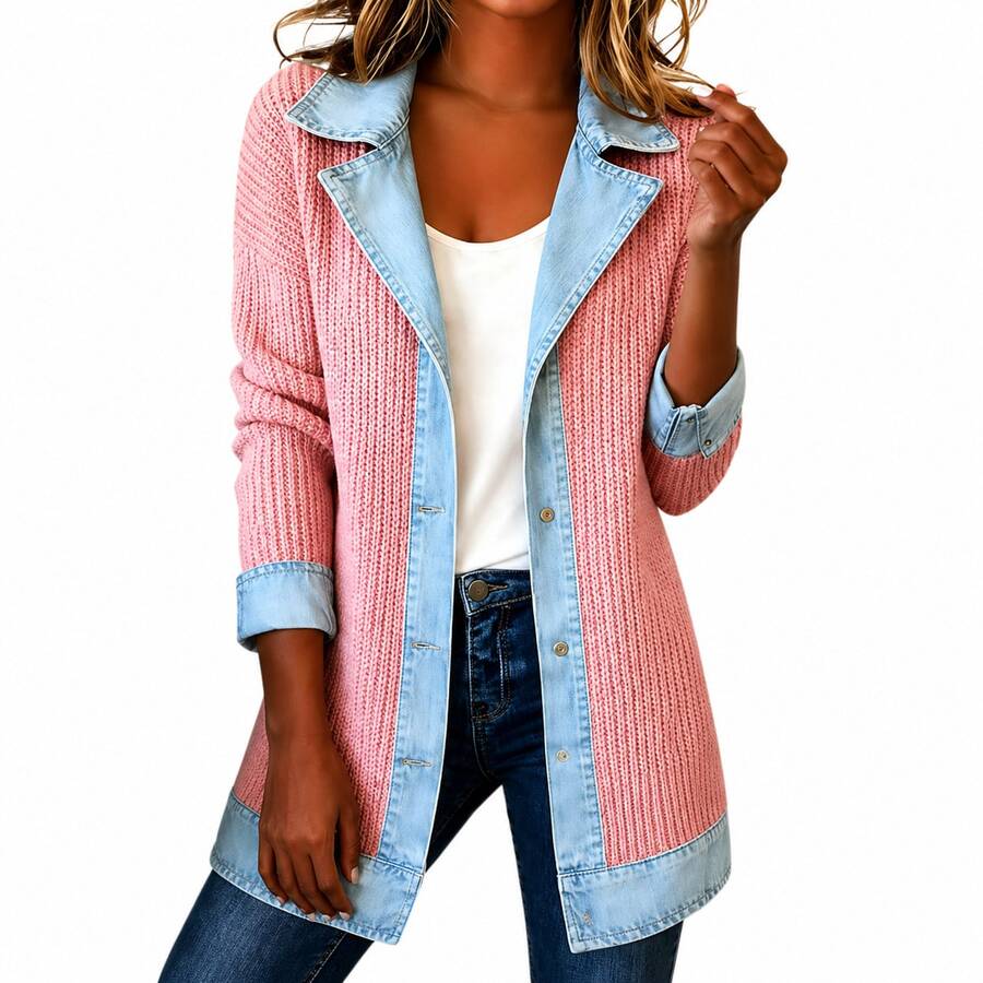 Women's Patchwork Jacket Slim Fit Long Sleeve Elegant Casual Autumn Coat - Pink - View 1