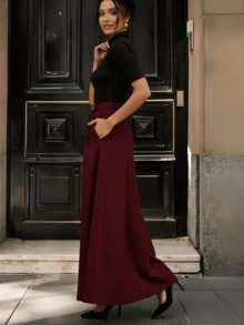 High-Waisted Summer Trousers, Wide-Leg High-Waisted Trousers With Pleats, Sizes S M L - Màu Đỏ Sâu - Xem 2
