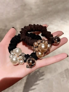 2/1pc Fashion Versatile High Elasticity Pearl Hair Ties, Silky Touch, Soft Pleated Fabric, Pearl Embellished, Perfect For Ponytails And Buns, Stylish Hair Accessories, Non-Deforming, Easily Create Various Hairstyles, Care For Every Strand Of Hair, Showcase Elegant Elegant - Multicolor - View 3