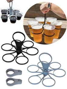 1個 6格可折疊可旋轉飲料杯架，輕量耐用塑料杯托，附易握手柄，便攜式咖啡、葡萄酒、調酒飲料收納架，適合BBQ、露營、野餐、戶外派對、感恩節節慶聚會的理想配件 - 彩色 - 查看 1