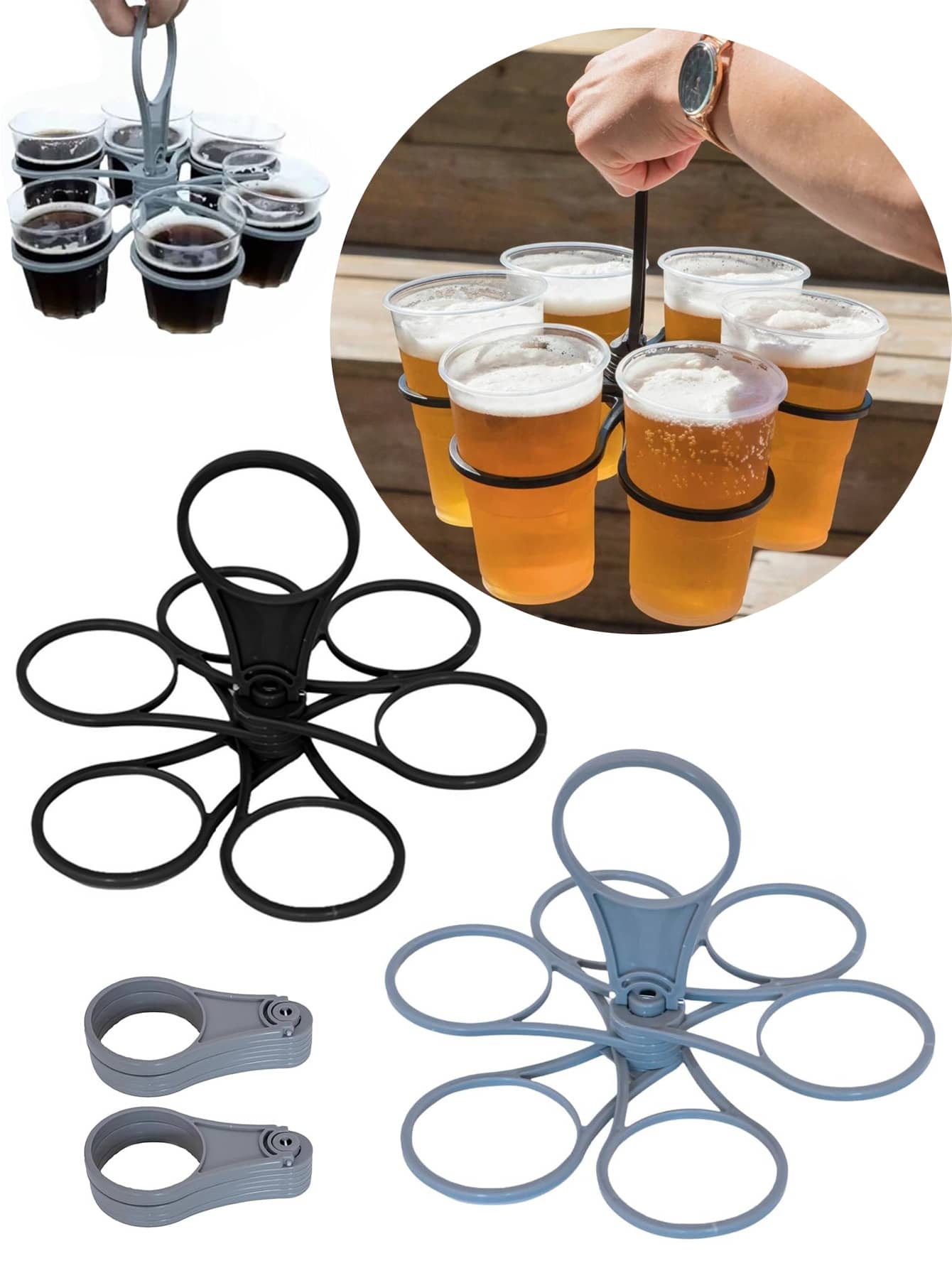 1個 6格可折疊可旋轉飲料杯架,輕量耐用塑料杯托,附易握手柄,便攜式咖啡、葡萄酒、調酒飲料收納架,適合BBQ、露營、野餐、戶外派對、感恩節節慶聚會的理想配件 - 彩色 - 查看 1