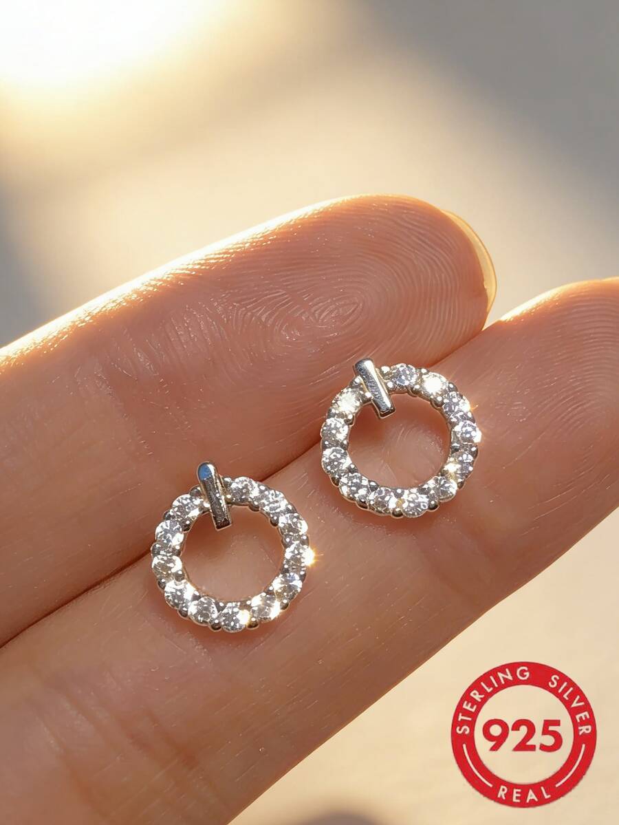 1 par de pendientes de botón geométricos redondos de plata de ley 925 con circonita sintética, joyería elegante y elegante para uso diario para mujeres - Plateado - Ver 1