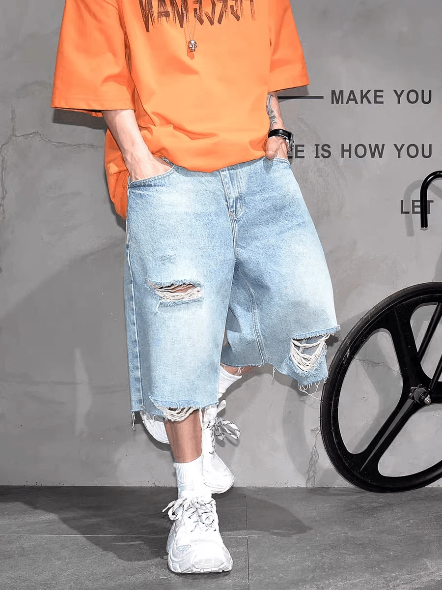 Celana Pendek Denim Sobek Bergaya Streetwear Musim Panas Pria, Celana Capri Longgar Lebar Potongan Lurus Panjang Sedang - Light Wash - View 1