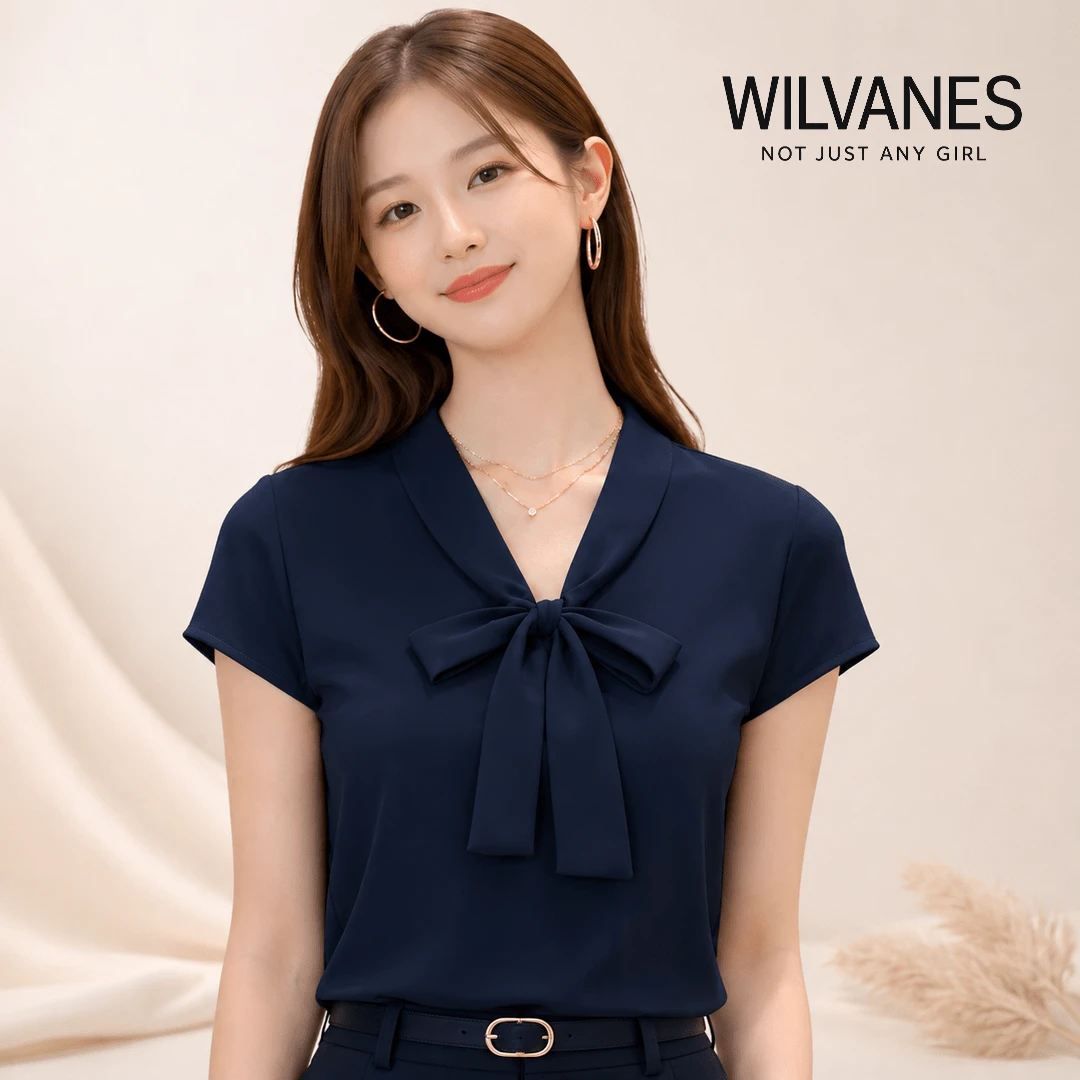 Women's Short-Sleeved Dress Shirt With Bow Tie - Elegant Blouse For Tailoring, Korean Style, Office Look, Knot - 藏蓝色 - 查看 1