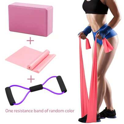 Set de bloques de yoga de EVA de alta densidad - Incluye bloque de yoga, bandas de resistencia de TPE y tubo de resistencia, duradero y ligero - Ideal para entrenamiento de acondicionamiento físico de mujeres - Morado/Rosa - Accesorios de yoga