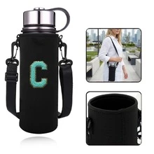 1pc 550-1500ML Sports Water Bottle Insulated Bag, Crossbody Cup Sleeve Protective Cover With Adjustable Shoulder Strap, Water Bottle/Cup Storage Bag, Embroidered Green Letters A-Z - Black - View 101