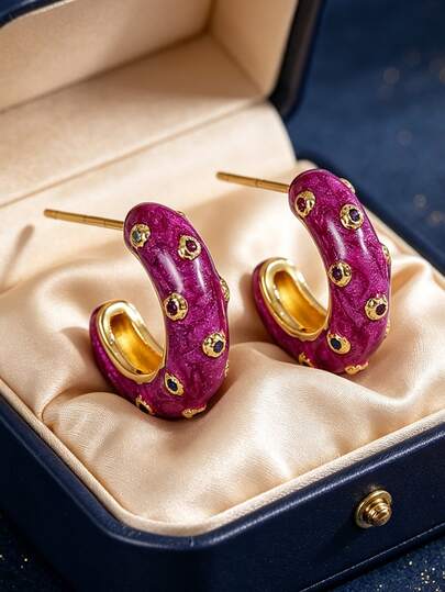 Women's Gold-Plated C-Shaped Hoop Earrings, Paired With Rose Red Enamel And Multicolor Cubic Zirconia, Exquisite And Personalized Design, Suitable For Daily Commute And Workwear, An Ideal Gift For Fashion Enthusiasts