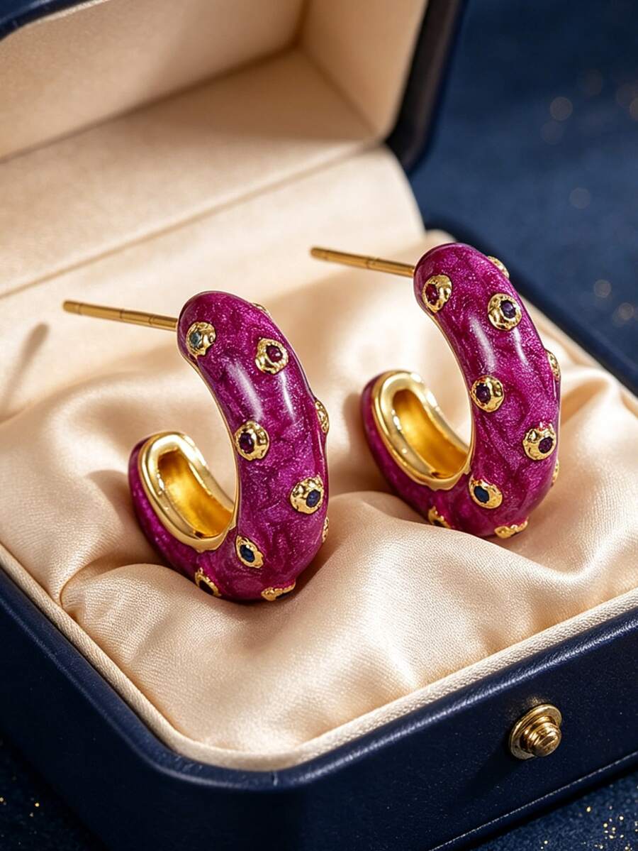 Women's Gold-Plated C-Shaped Hoop Earrings, Paired With Rose Red Enamel And Multicolor Cubic Zirconia, Exquisite And Personalized Design, Suitable For Daily Commute And Workwear, An Ideal Gift For Fashion Enthusiasts - Gold - View 1
