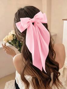 Large Pink Bow Hair Clip For Women, Oversized Chiffon Long Tail Hair Bow, Cute Ballet Style Hair Accessory, French Vintage Ribbon Hair Clip Suitable For Wedding, Party, Daily Wear In Summer - Pink - View 3