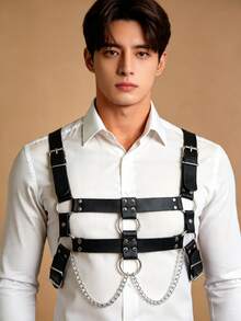 1pc Men's Fashion Punk PU Leather Chest Harness, Simple Versatile Gothic Adjustable Chest Chain, Stage Nightclub Bar Performance Suspenders Club Outfit Accessory, Valentine's Day Party Rave Date Accessory - Black - View 3