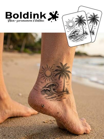  Boldink 2pcs Tropical Wave & Palm Tree Temporary Tattoos, Waterproof Body Art Tattoos Lasting 1-2 Weeks, Plant-Based Formula, & Gentle, Ideal Body Decoration For Daily Wear, Chinese Style Gift For Men & Women