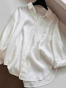 Camisa blanca casual de mujer con botones delanteros y bajo curvo para primavera - Blanco - Ver 5