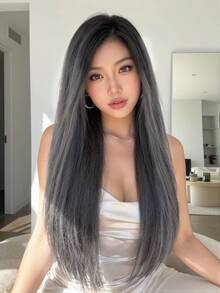 30 Inch Ombre Grey 13x4 Lace Front Wig For Women Long Straight Synthetic Hair Wig Dark Roots Pre Plucked Natural Hairline Heat Resistant Glueless Hair Wig For Daily Party Cosplay Natural Looking Lightweight Breathable Soft Smooth Hair Easy Wear - 灰色 - 查看 2